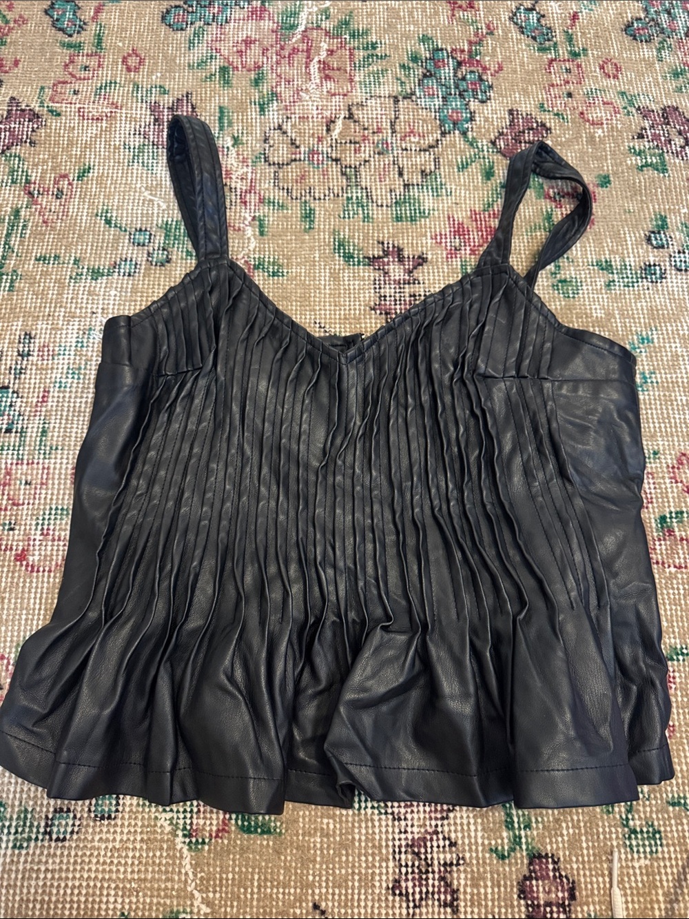 Black Pleated Faux-Leather Camisole Top